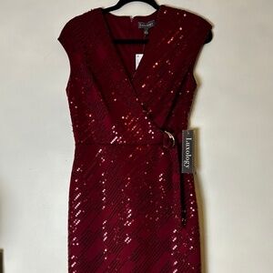Luxology Red Sequin Cocktail Dress, Short Sleeve Party Dress Size Small